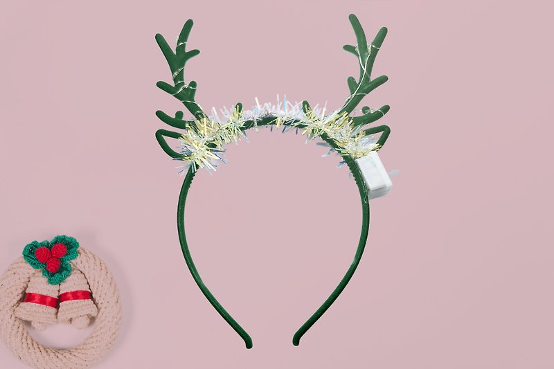 Festive Green Velvet Antler Headband with foil fringe and Lights. - Hair Accessories - Plastic Green
