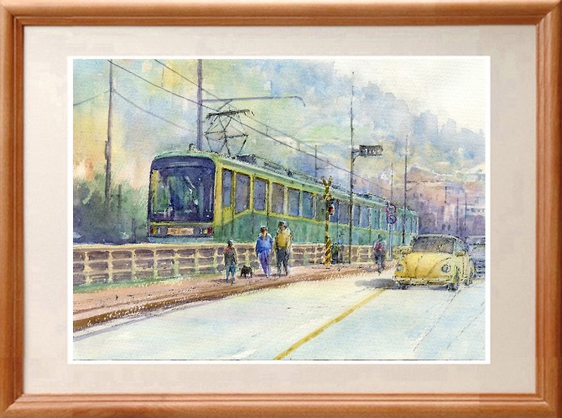Original watercolor painting Enoden train running in Shonan - โปสเตอร์ - กระดาษ สีเขียว