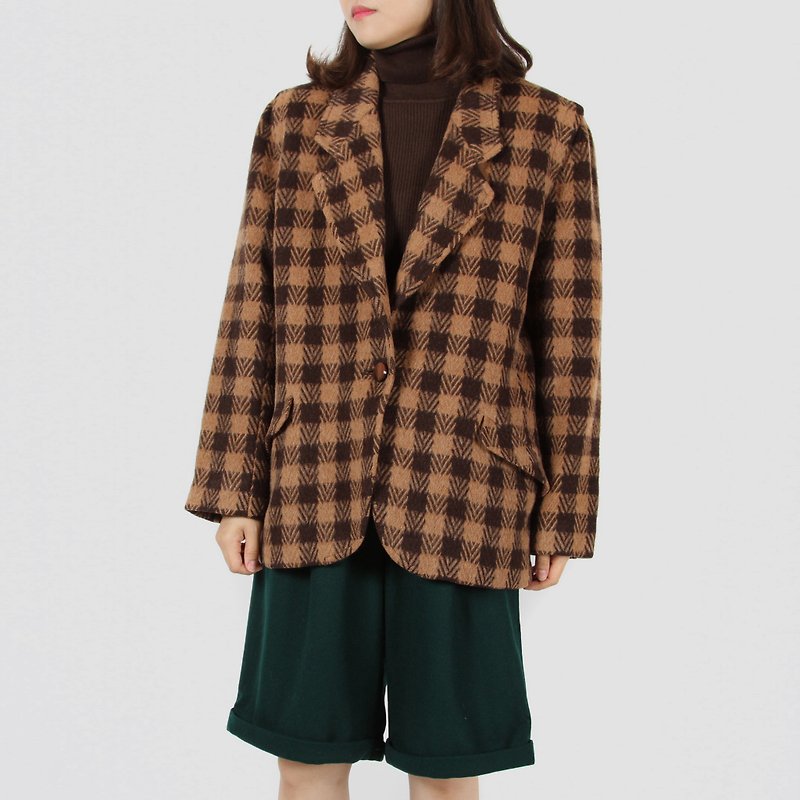 [Egg plant vintage] Chestnut cloth check wool vintage blazer - Women's Blazers & Trench Coats - Wool 