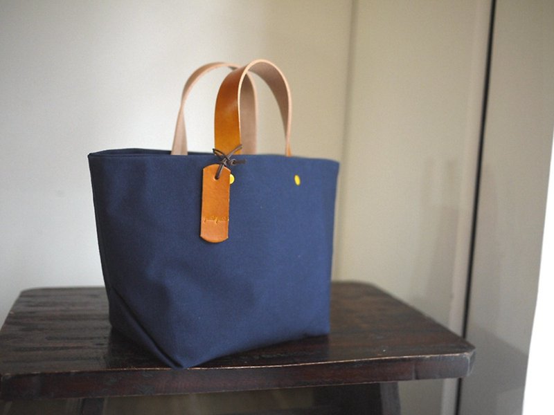 Leather Handle Bag (Small) - Navy Blue - Handbags & Totes - Cotton & Hemp Blue