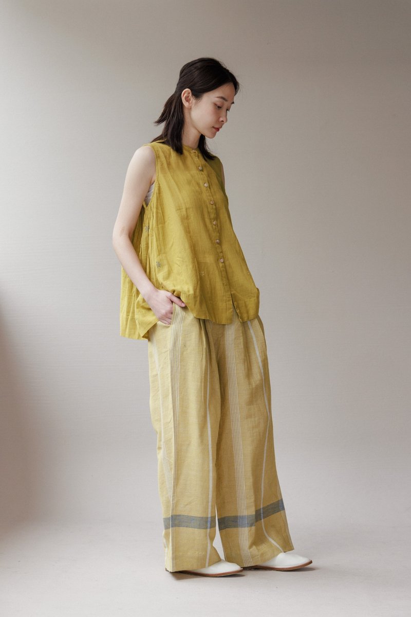 Indian handwoven fabric wide trousers_yellow green - กางเกงขายาว - ผ้าฝ้าย/ผ้าลินิน สีเหลือง