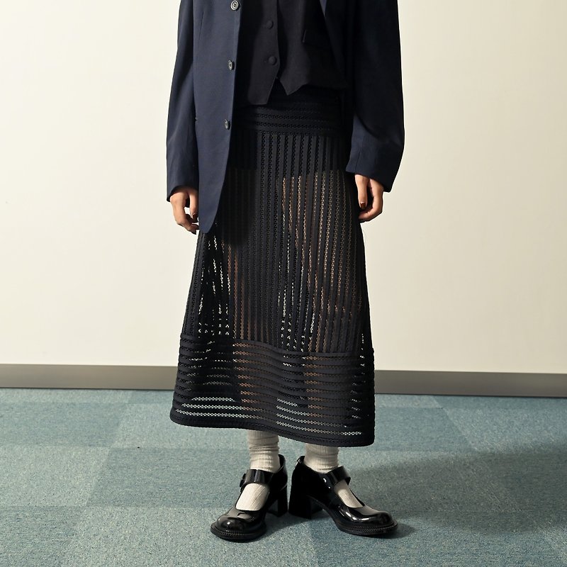 【NaSuBi Vintage】Sheer mesh umbrella-shaped vintage long skirt - Skirts - Other Man-Made Fibers Black