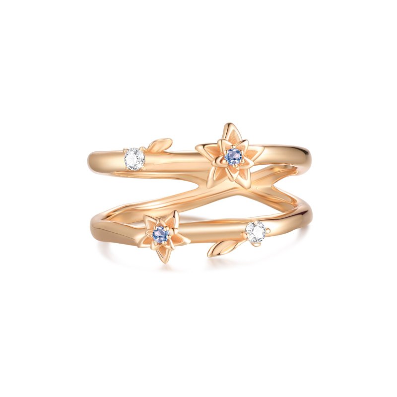 Gold/Silver Double Band Ring - Poinsettia - แหวนทั่วไป - เงินแท้ สีทอง