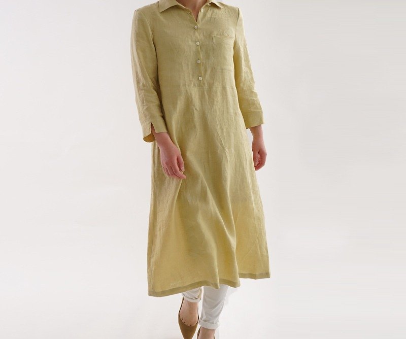 Yaa Linen Horizontal Color Shirt Dress / Gold Sparrow Color Airo A64-8 - ชุดเดรส - ผ้าฝ้าย/ผ้าลินิน สีเหลือง