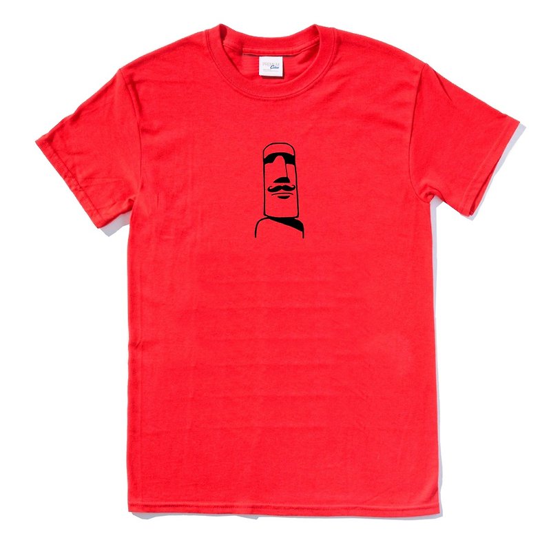 摩艾鬍子 Moai 男女短袖T恤 紅色 原創插畫圖T復活節島石像文青 - T 恤 - 棉．麻 紅色