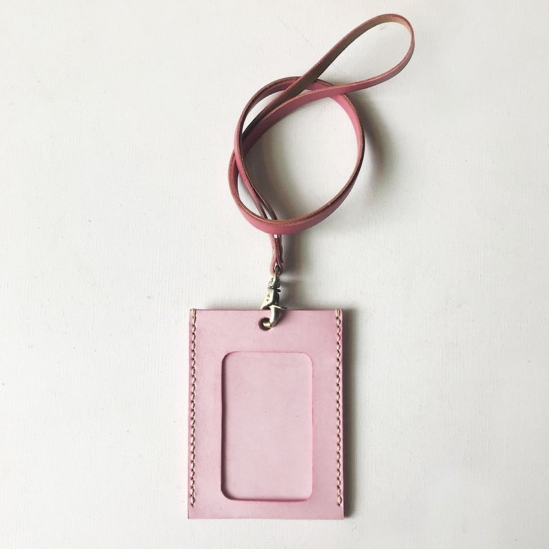 Identification card set + neck band _ straight _ double card layer _ waxy cherry powder - ID & Badge Holders - Genuine Leather Pink