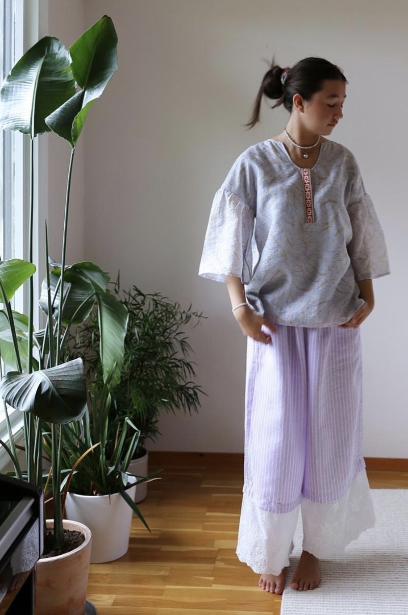 紫霞仙子 天絲混紡 薄紗短袖刺繡上衣 柔軟垂順有型 中式融合北歐 - 女上衣/長袖上衣 - 絲．絹 白色
