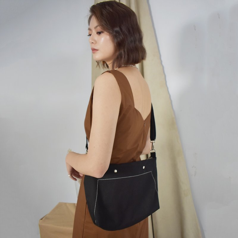 [Customized] Crossbody Backpack ∣ Shoulder Backpack ∣ Side Backpack (L) - Messenger Bags & Sling Bags - Cotton & Hemp Black