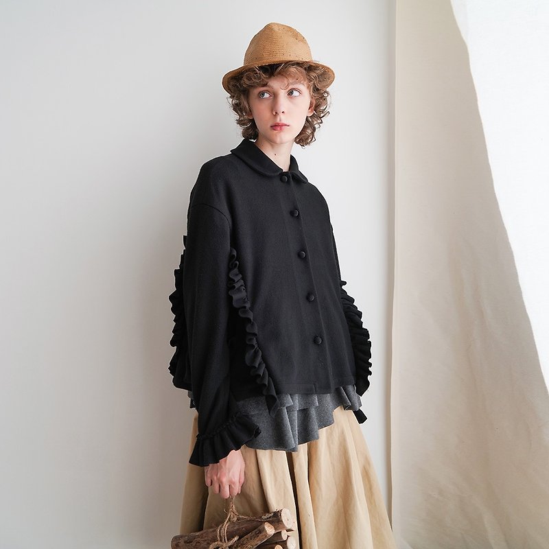Pure black side waist lace short jacket - imakokoni - Women's Casual & Functional Jackets - Other Materials Black