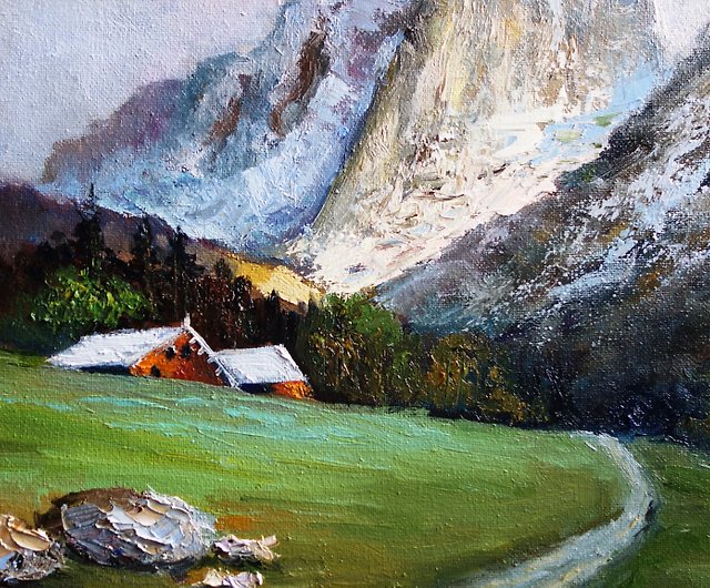 山の絵画油の牧草地オリジナルアート油畫原作川の風景画 - ショップ