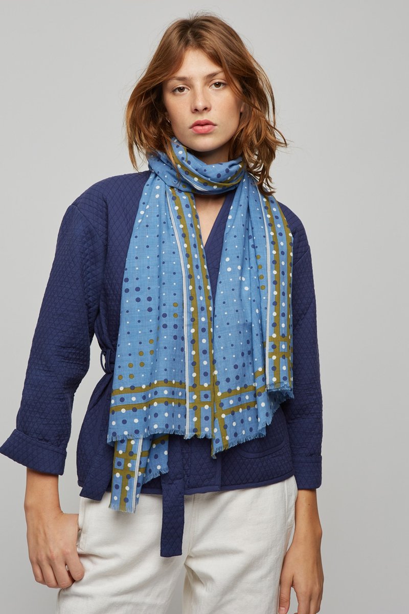 MOISMONT N501-DUTCH BLUE cotton scarf - Knit Scarves & Wraps - Cotton & Hemp Blue