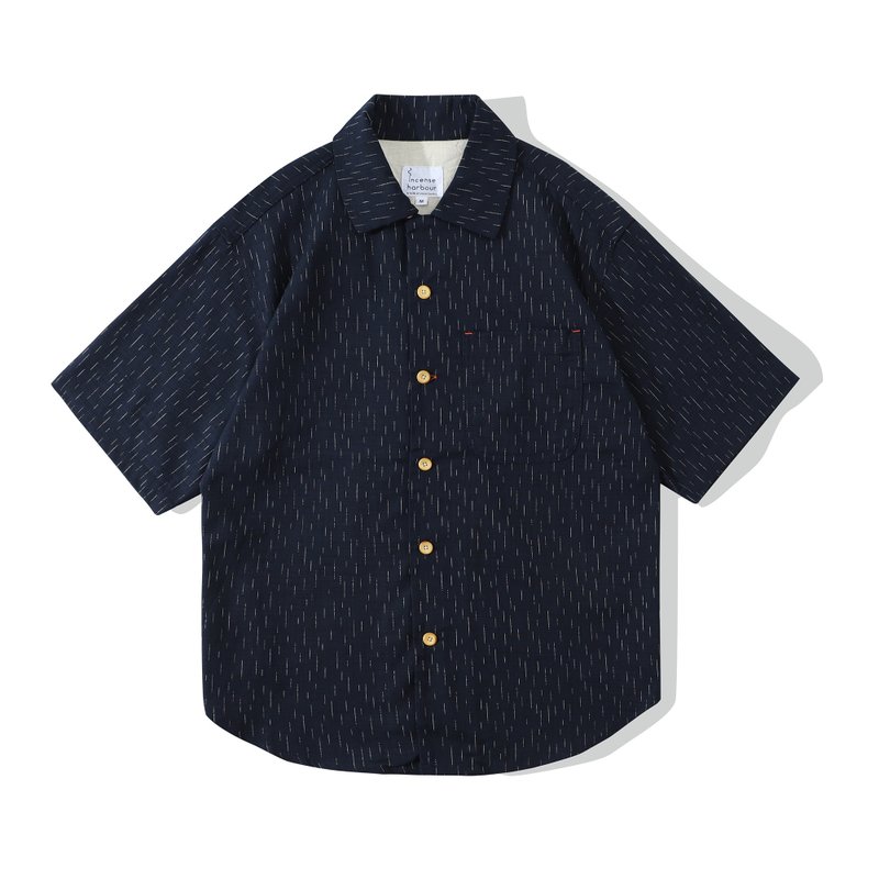 Incense harbour Raglan Work Shirt - triangle discharge print on indigo-dyed slub - เสื้อเชิ้ตผู้ชาย - ผ้าฝ้าย/ผ้าลินิน สีน้ำเงิน