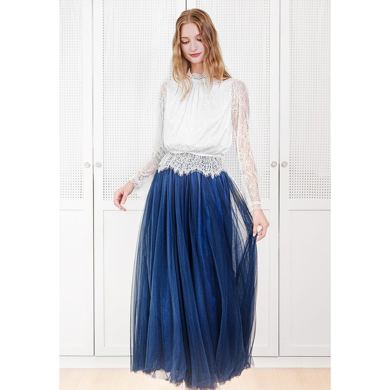 Elizabeth lace top + blue long gauze skirt, two-piece, light wedding dress, lac - ชุดราตรี - วัสดุอื่นๆ ขาว