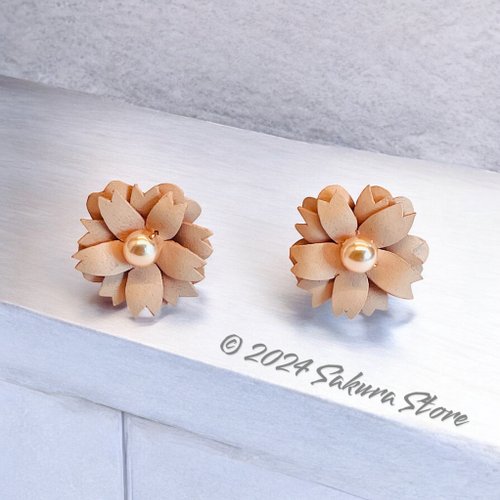 Sakura Store 皮革花耳環 八重櫻奧地利水晶珍珠耳環
