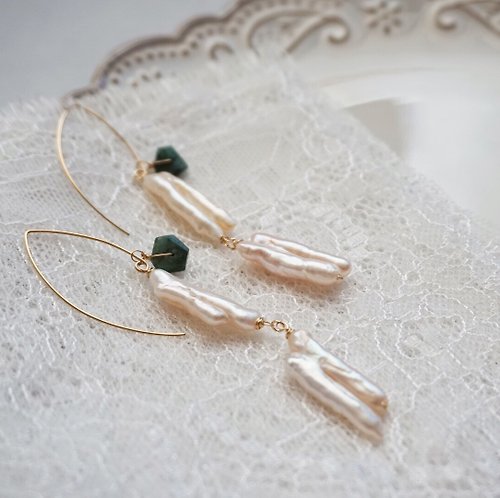 SUZY'S JEWEL 簡愛珍珠與祖母綠法式手工制可拆卸耳環耳飾agete風
