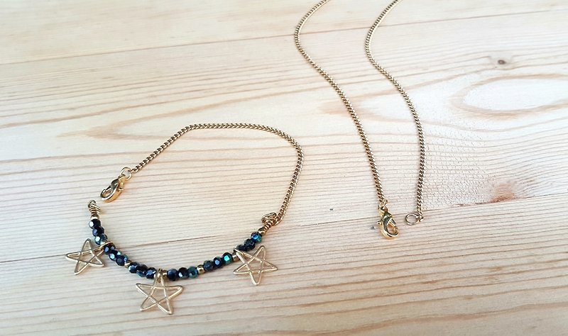Copper hand made _ black color crystal gold star bracelet _ necklace activity dual-use design chain - Necklaces - Other Metals Black