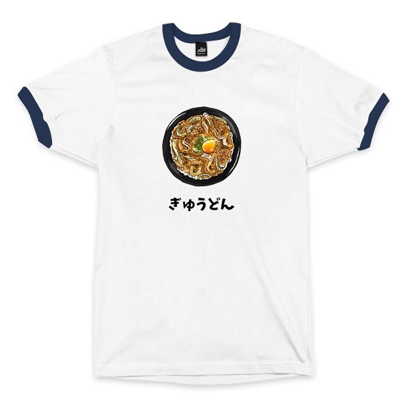 牛丼 - 滾邊白藏青 - 中性版T恤 - 男 T 恤 - 棉．麻 白色