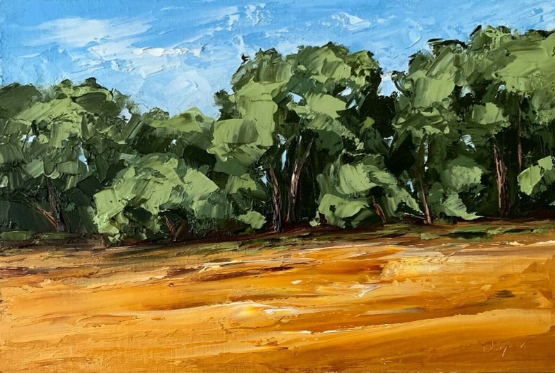 Original Yellow Field Landscape Trees Oil Painting On Canvas Textured Impasto - 壁貼/牆壁裝飾 - 棉．麻 多色