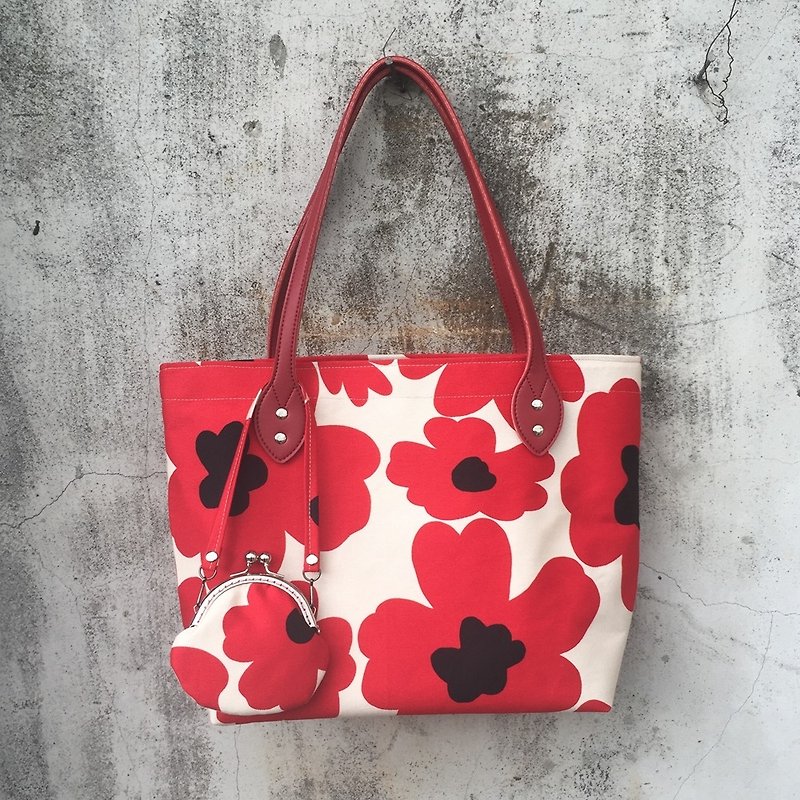 Hand-held shoulder tote bag gold bag + Nordic big flower-two colors + - Messenger Bags & Sling Bags - Paper Red