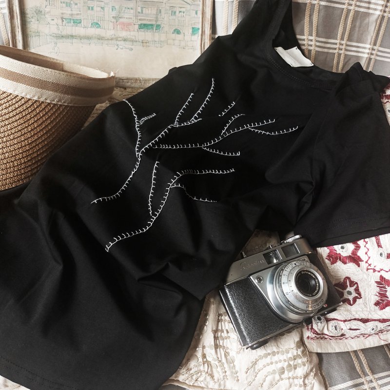 百搭手縫樹形圖案簡約直身棉彈高端 smart casual TEE - 女 T 恤 - 棉．麻 黑色