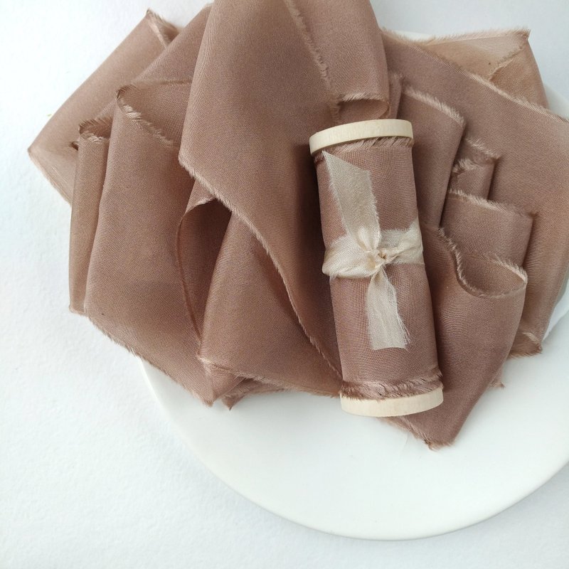 Caramel Silk Ribbon / Hand Dyed Silk Ribbon on Wooden Spool - 包裝材料/包裝紙 - 絲．絹 咖啡色