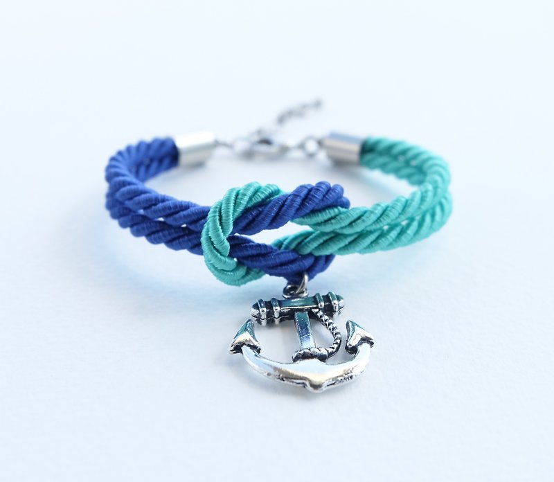 Blue/mint knot rope bracelet with anchor charm - 手鍊/手鐲 - 紙 藍色
