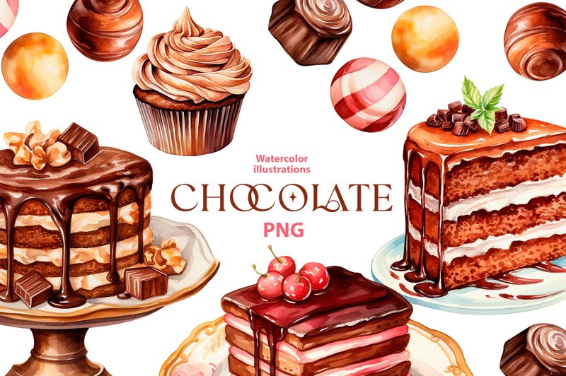 Watercolor Chocolate clipart set, 5 Png, Vintage style Clipart, Cottagecore cozy - 其他數位設計 - 其他材質 