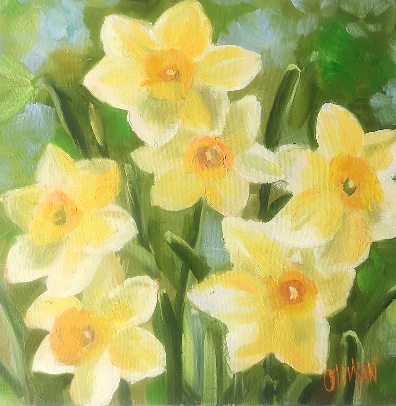 Narcissus Painting Daffodil Original Watercolor Floral Wall Art Small Flower Art - ตกแต่งผนัง - วัสดุอื่นๆ สีเหลือง