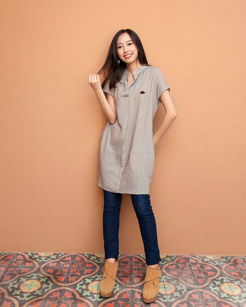 Gray cotton Linen Long Yang - ostrich wool felt - Women's Tops - Paper 