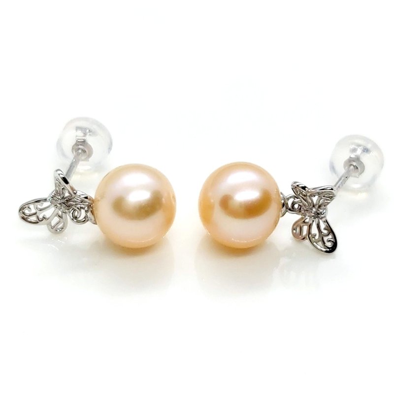 純銀小蝴蝶淡水珍珠耳環 - 耳環/耳夾/耳骨夾 - 珍珠 