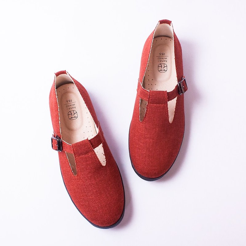 Maryjane Slip-on casual shoes Flat Sneakers with Japanese fabrics Leather insole - รองเท้าลำลองผู้หญิง - ผ้าฝ้าย/ผ้าลินิน สีแดง