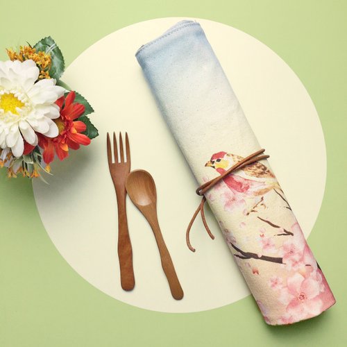 黑潮原創 kuroi-T 【客製化禮物】兩用餐具收納袋 雀躍櫻花 餐墊 餐具包
