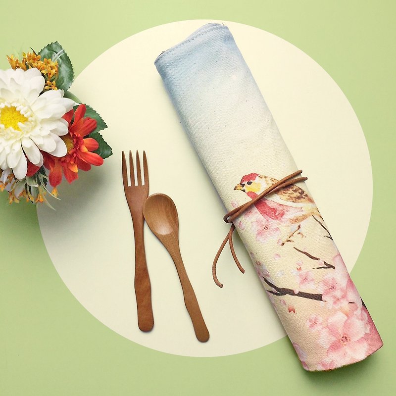 【客製化禮物】兩用餐具收納袋 雀躍櫻花 餐墊 餐具包 - 餐桌布/桌巾/餐墊 - 棉．麻 