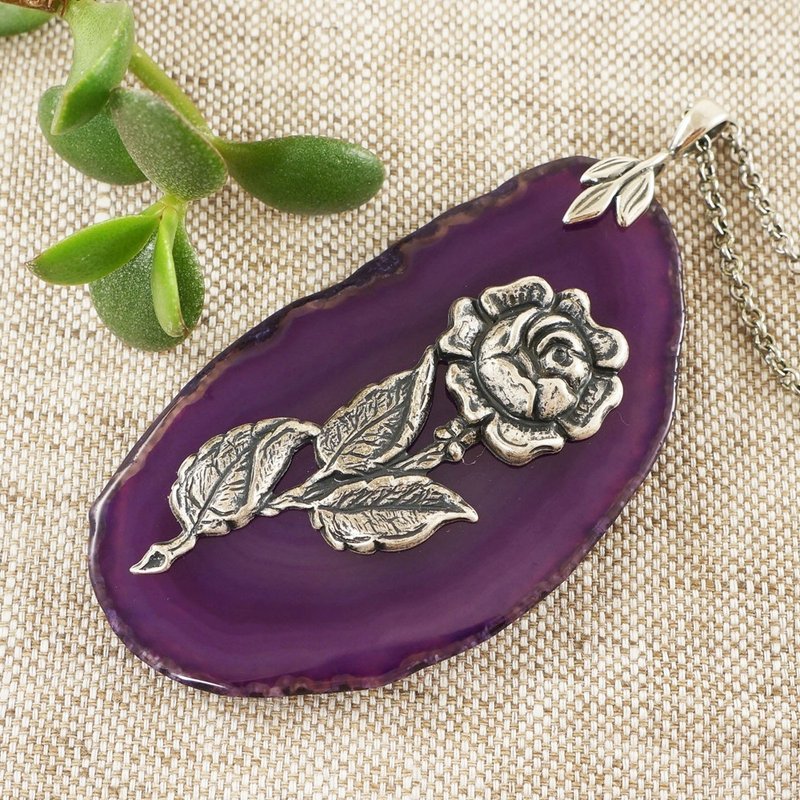 Purple Agate Slice Necklace Ultraviolet Agate Slab Rose Pendant Necklace Jewelry - 項鍊 - 半寶石 紫色