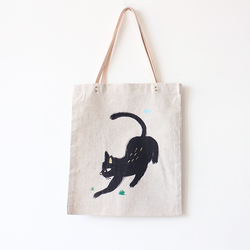 頑皮黑貓手造Tote Bag I 喜歡黑貓 - 側背包/斜孭袋 - 棉．麻 卡其色