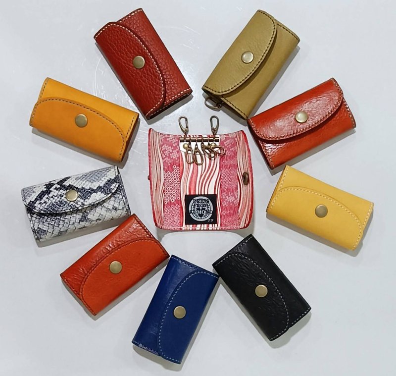 Designer original brand leather + kimono fabric key case key ring right-handed - Keychains - Genuine Leather 