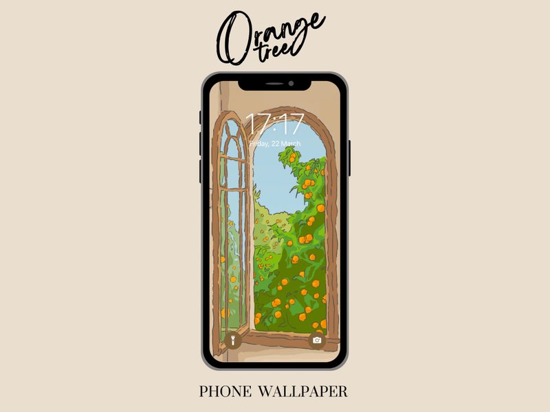 phone wallpaper aesthetic Italian countryside painting orange tree hand painted - 電腦手機桌布/貼圖/App 圖示 - 其他材質 