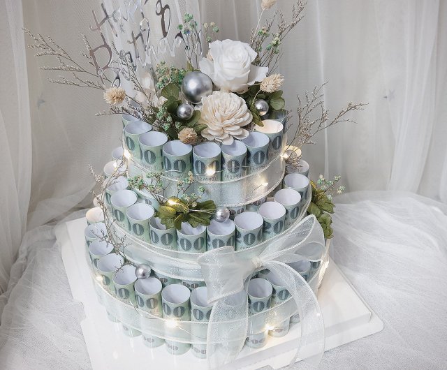 プリザーブドフラワー紙幣三段ケーキ/マネーフラワーケーキ