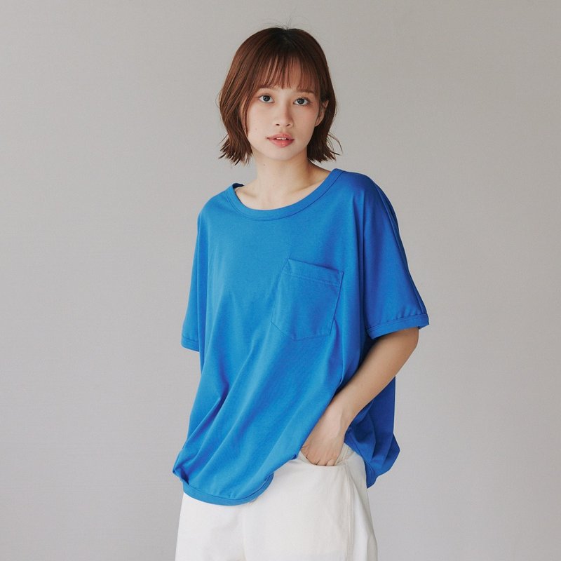 【Simply Yours】圓領口袋打褶T 藍F - 女 T 恤 - 棉．麻 藍色