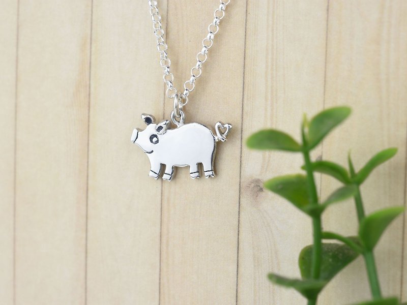 Playful pig necklace 925 sterling silver for women - Necklaces - Sterling Silver Silver