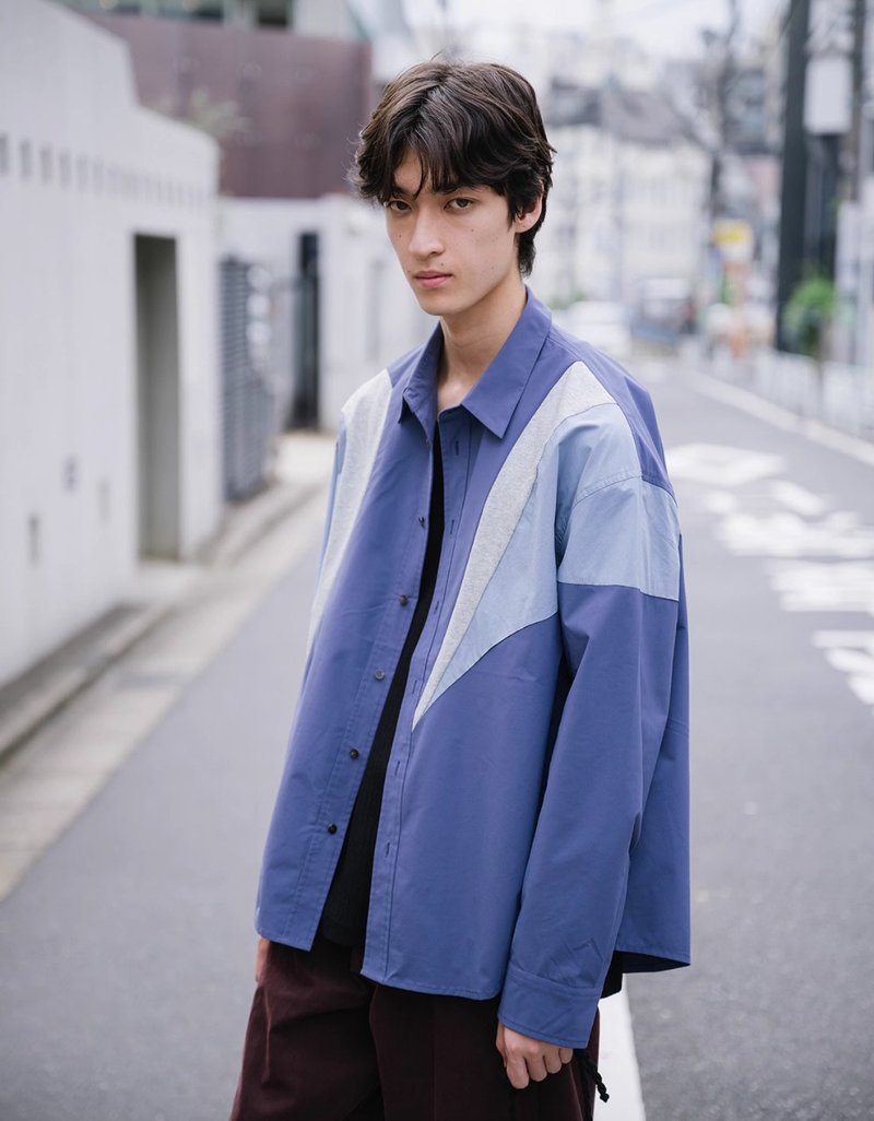 Japanese retro arc three-color stitching shirt jacket - เสื้อเชิ้ตผู้ชาย - วัสดุอื่นๆ ขาว