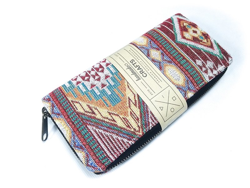 Red geometry womens Long wallet zip Vegan wallet purse  - 長短皮夾/錢包 - 棉．麻 紅色