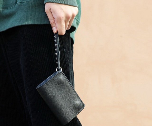小物 CALEE LEATHER WALLET POUCH STUDS CHARM Calee Studs Charm Plane Leather Flap Half Studded Trifold