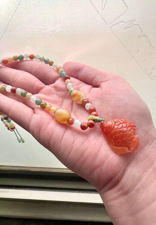令藏齋.Treasure Jade 年年有餘-天然多彩翡翠珠串項鍊頸鏈/長度可調節/