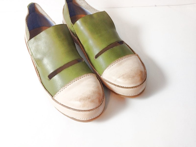 Painting # 8072 || Calf leather casual shoes retro caramel matcha cake || - Women's Oxford Shoes - Genuine Leather Green