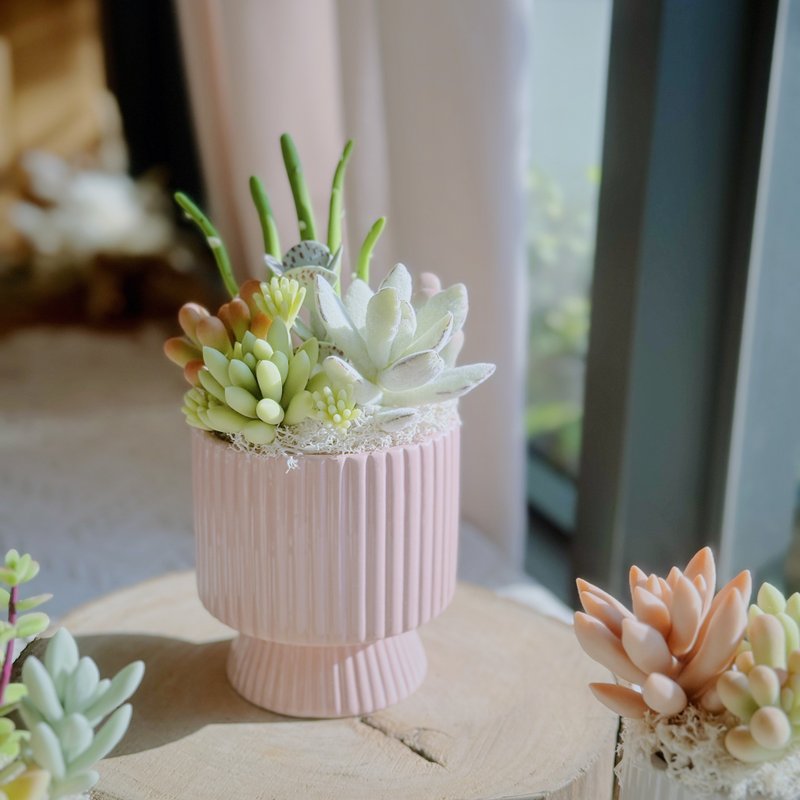 【日系禮物】多肉花園(豎紋款-粉色).手作黏土多肉植物.附提袋 - 擺飾/家飾品 - 黏土 綠色