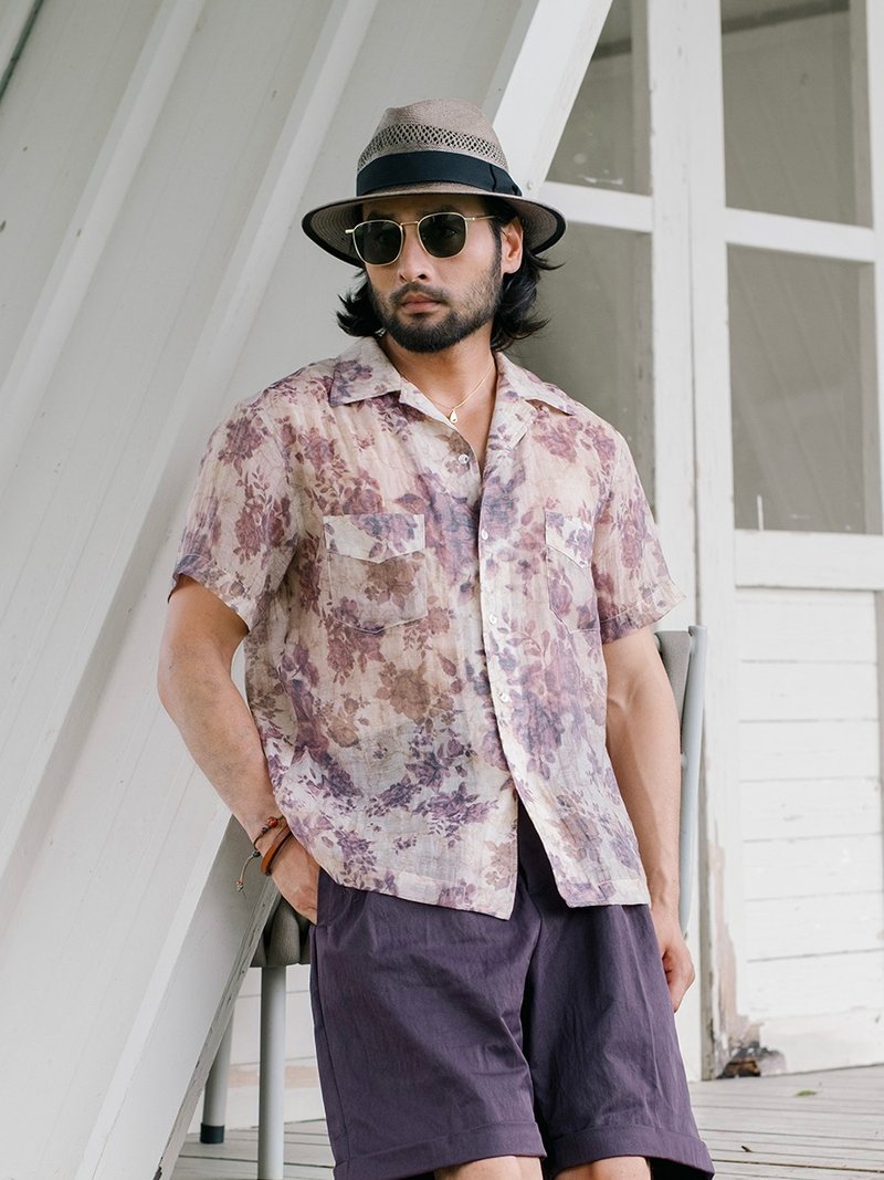 SOARIN義式復古麻紗印花休閒襯衫(2527C416) - 男襯衫/休閒襯衫 - 棉．麻 紫色