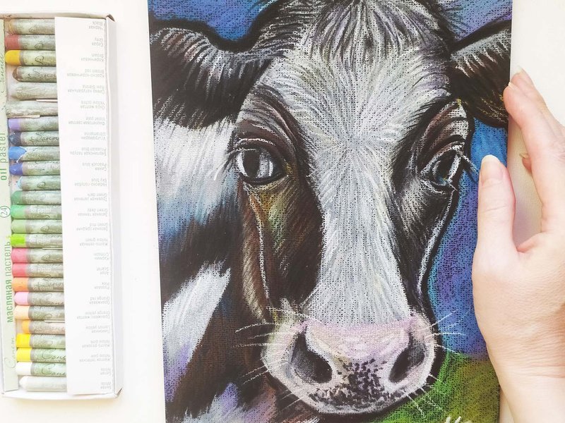 Portrait of a cows oil pastel original work animal original painting - 壁貼/牆壁裝飾 - 紙 藍色