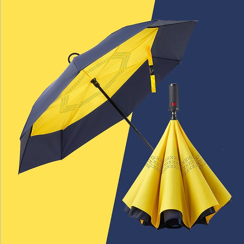 Beautiful and durable [reverse umbrella - blue surface and yellow bottom] one-click folding umbrella, rainwater-resistant, wind-proof and water-repellent large umbrella surface - Umbrellas & Rain Gear - Waterproof Material Blue