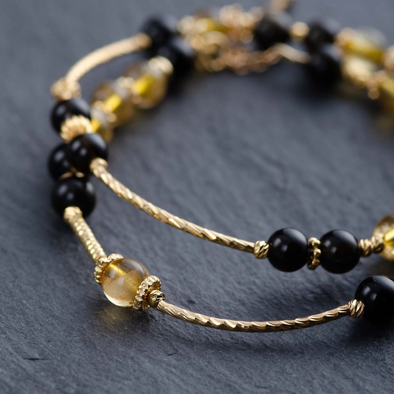 Citrine, Black Obsidian, Agate 14K Gold Plated Natural Gemstone Crystal Bracelet - Bracelets - Crystal Yellow